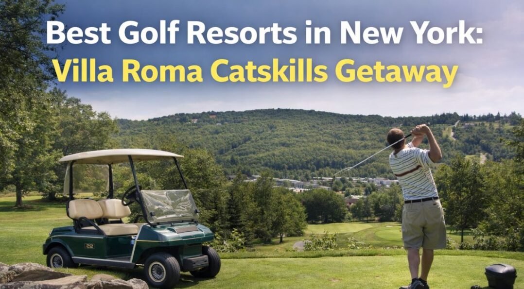 Best Golf Resorts in New York: Why The Villa Roma Is a Golfer’s Paradise 1 Golf resort in Catskills New York with golfer swinging on scenic course and golf cart at Villa Roma resort
