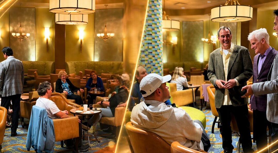 Corporate retreat event at Villa Roma Resort in Catskills New York with teams networking in lounge area