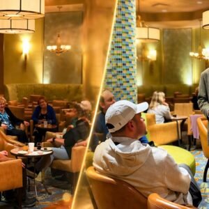 Corporate retreat event at Villa Roma Resort in Catskills New York with teams networking in lounge area