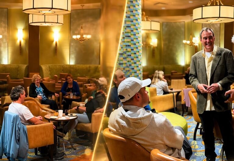 Corporate retreat event at Villa Roma Resort in Catskills New York with teams networking in lounge area