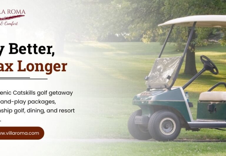 Golfers enjoying a stay and play golf package at The Villa Roma Resort in the Catskill Mountains, New York.